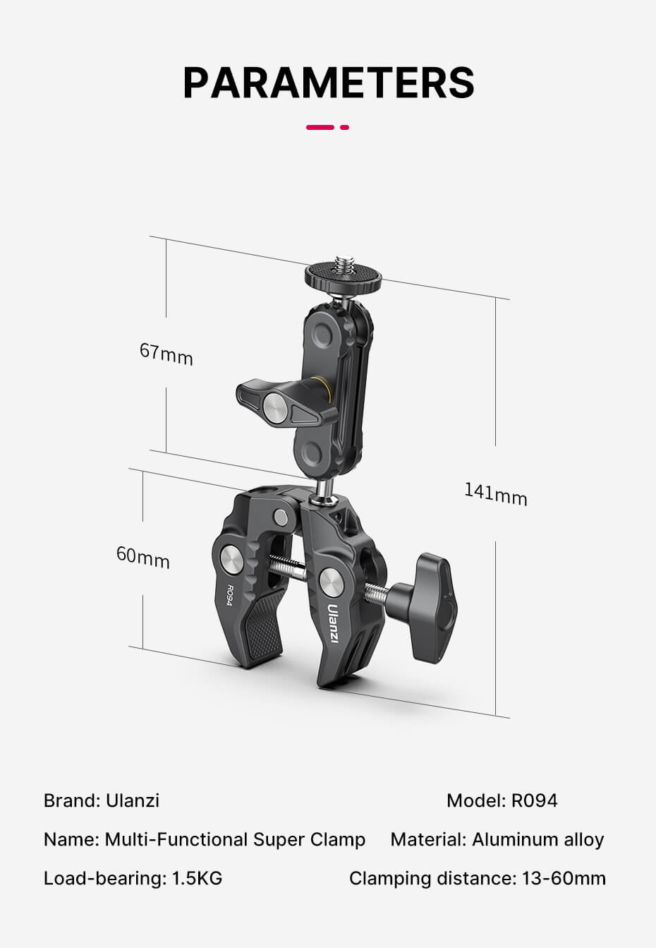 Ulanzi R094 klämma med kulledsarm 66 mm i aluminium